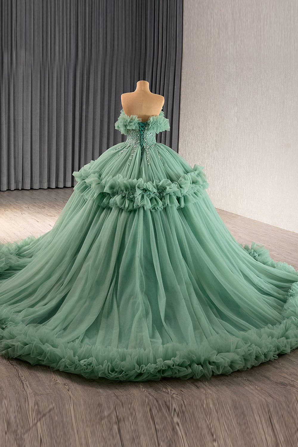Sparkly Dusty Sage Off the Shoulder Ruffled Tulle Sweethear Long Quinceanera Dress with Beading