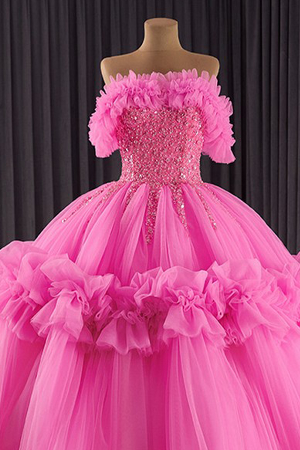 Sparkly Dusty Sage Off the Shoulder Ruffled Tulle Sweethear Long Quinceanera Dress with Beading