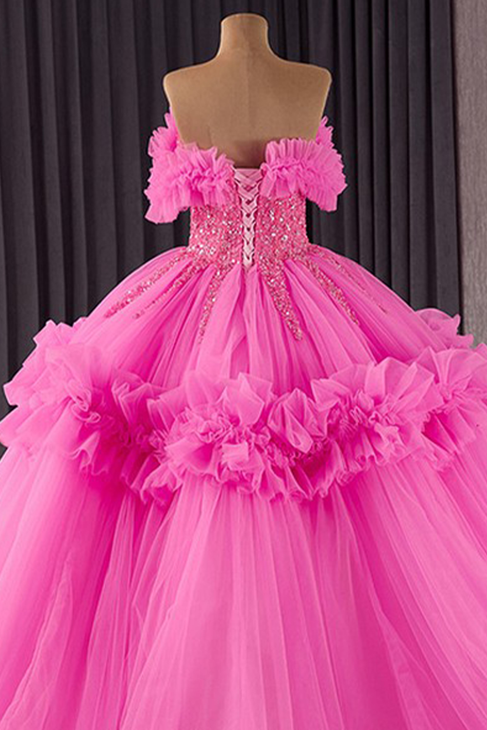 Sparkly Dusty Sage Off the Shoulder Ruffled Tulle Sweethear Long Quinceanera Dress with Beading