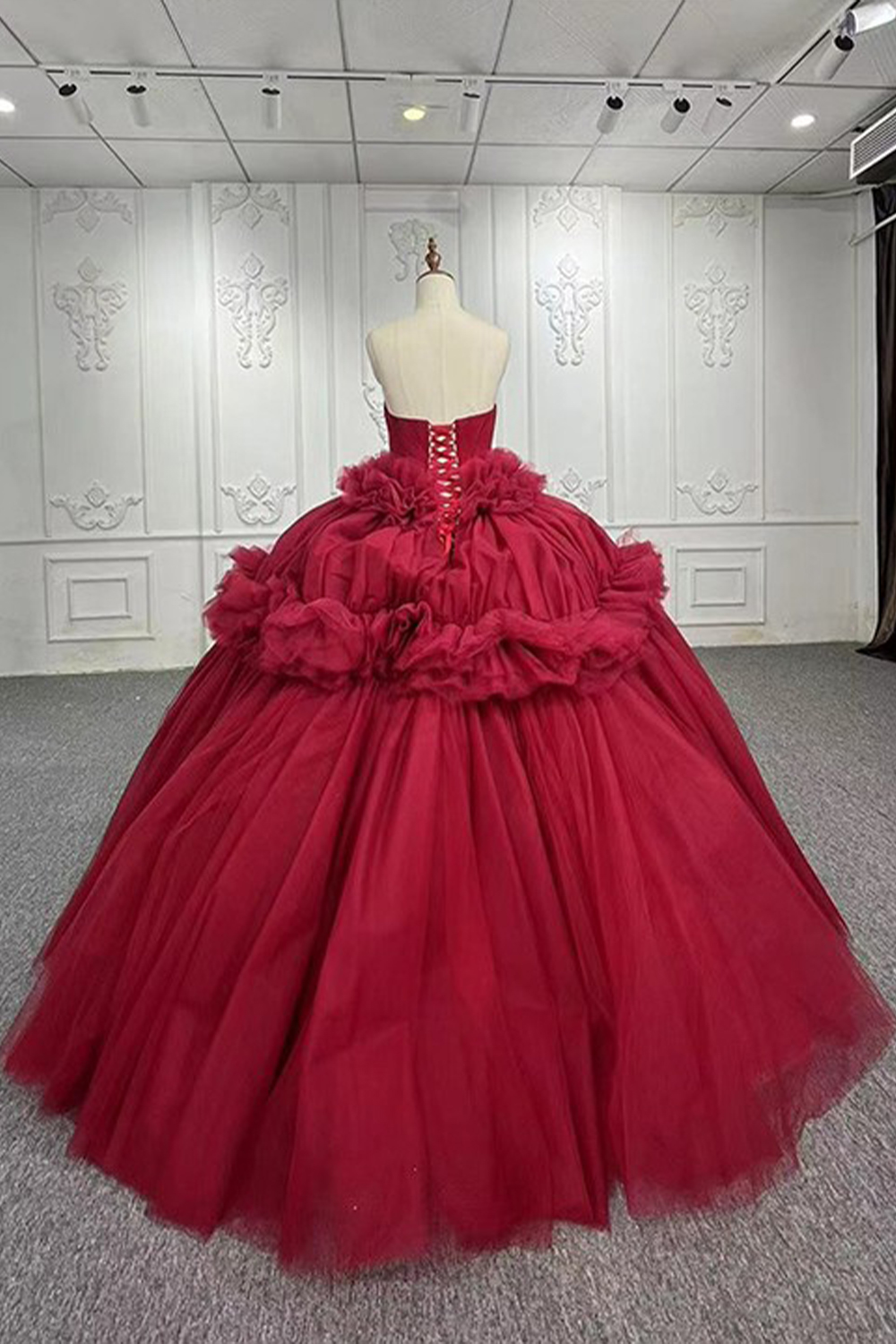Dark Red Strapless Tulle Ball Gown Long Quinceanera Dress with Ruffles