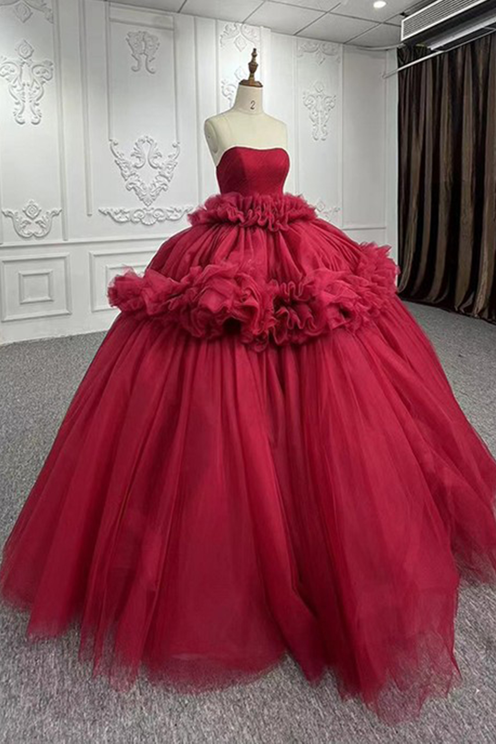 Dark Red Strapless Tulle Ball Gown Long Quinceanera Dress with Ruffles
