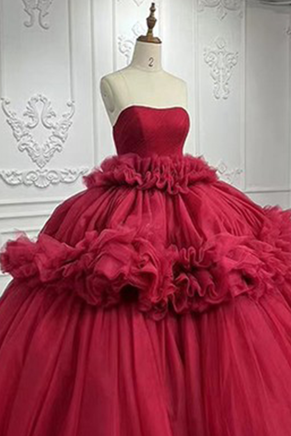 Dark Red Strapless Tulle Ball Gown Long Quinceanera Dress with Ruffles