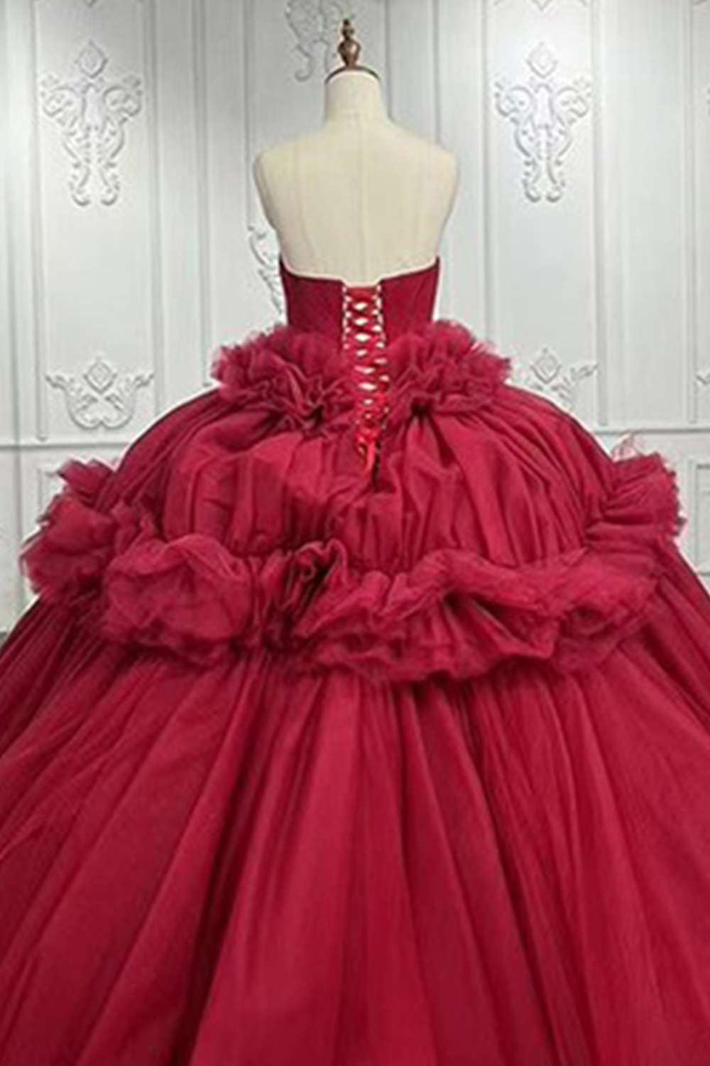 Dark Red Strapless Tulle Ball Gown Long Quinceanera Dress with Ruffles