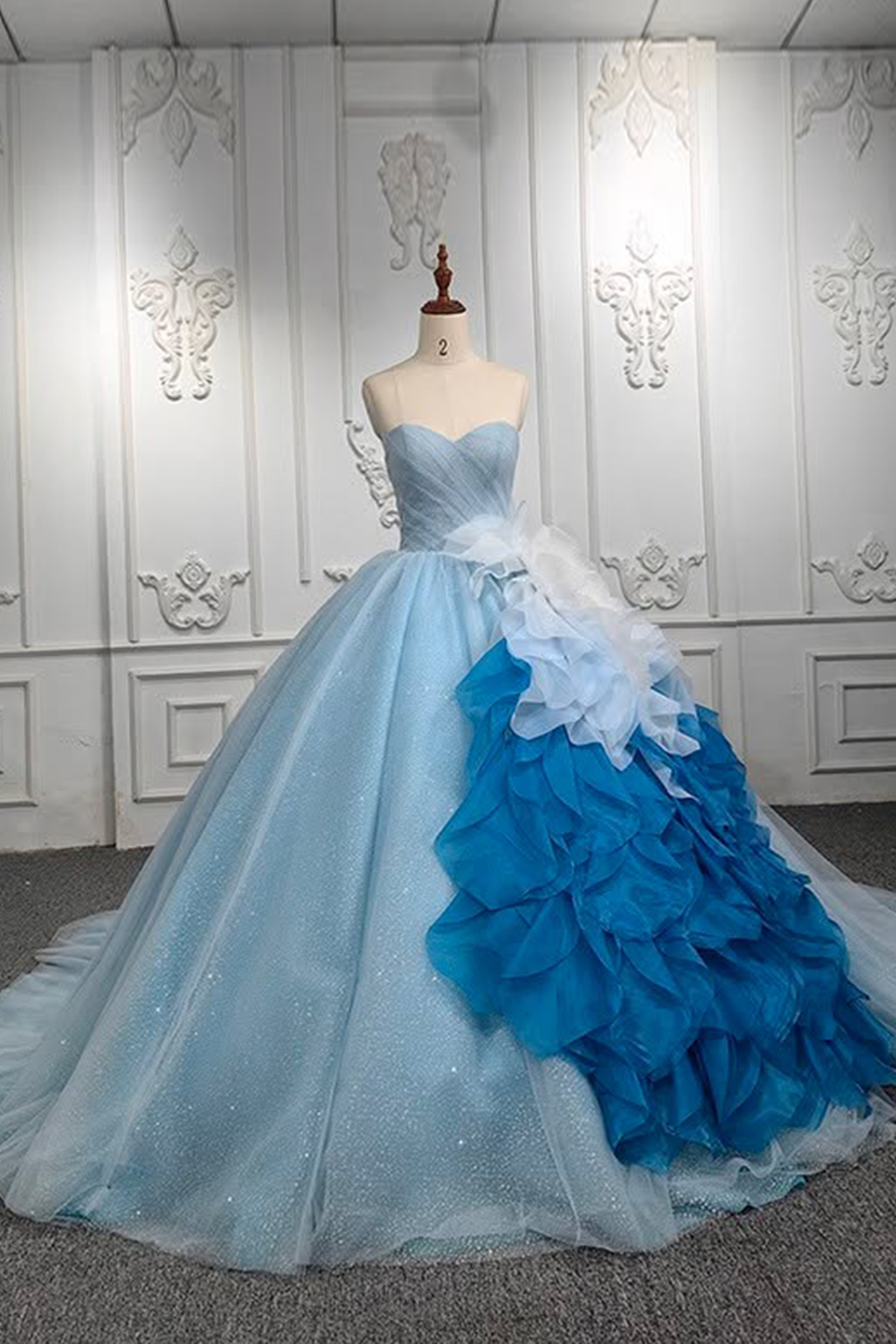 Glitter Light Blue Sweetheart Long Quinceanera Dress with Ruffles