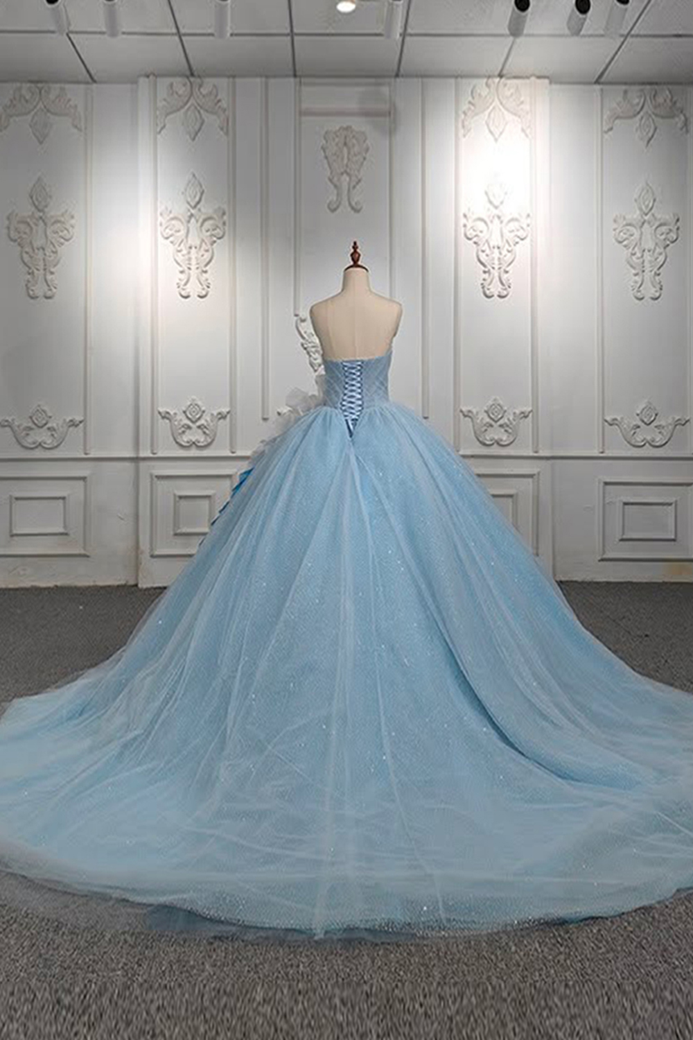 Glitter Light Blue Sweetheart Long Quinceanera Dress with Ruffles