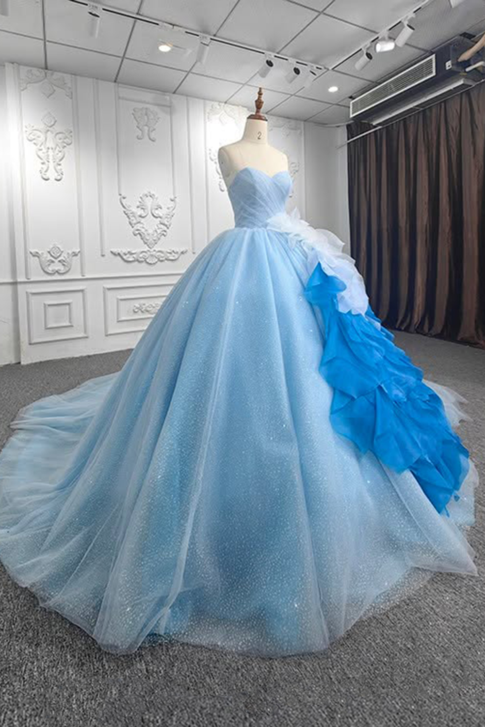 Glitter Light Blue Sweetheart Long Quinceanera Dress with Ruffles