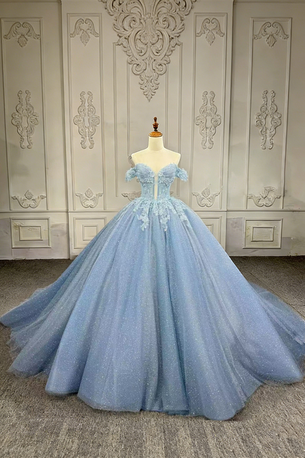 Glitter Blue Corset Floral Long Off the Shoulder Quinceanera Dress with Appliques