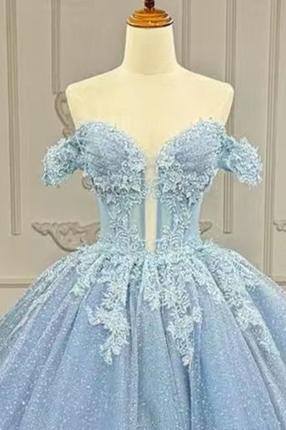 Glitter Blue Corset Floral Long Off the Shoulder Quinceanera Dress with Appliques