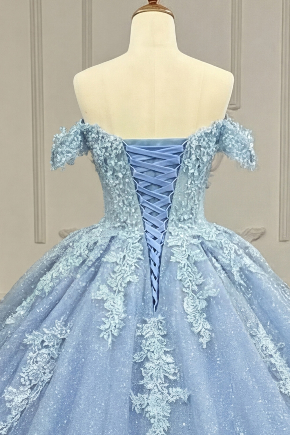 Glitter Blue Corset Floral Long Off the Shoulder Quinceanera Dress with Appliques