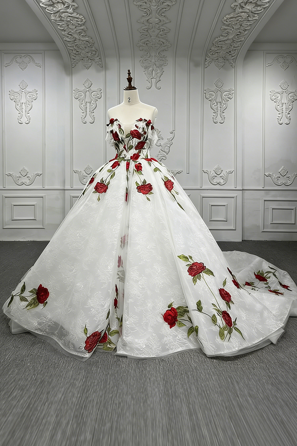 White Floral Strapless Long Ruffled Quinceanera Dress with Lace