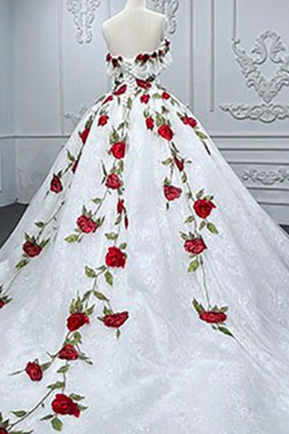 White Floral Strapless Long Ruffled Quinceanera Dress with Lace