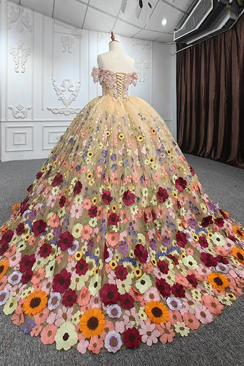 Chamapgne Off the Shoulder Appliqued Long Floral Quinceanera Dress