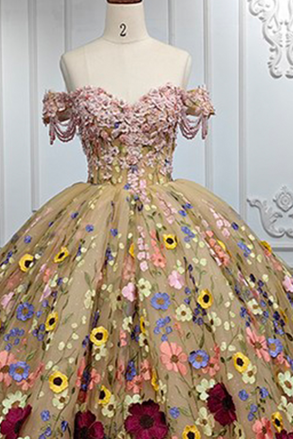 Chamapgne Off the Shoulder Appliqued Long Floral Quinceanera Dress