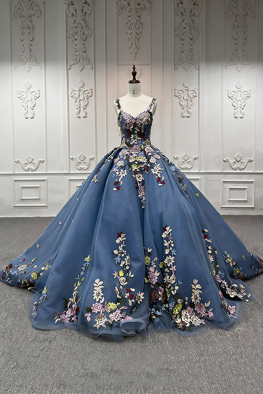 Sparkly Dark Blue Tulle Long Floral Ball Gown Quinceanera Dress