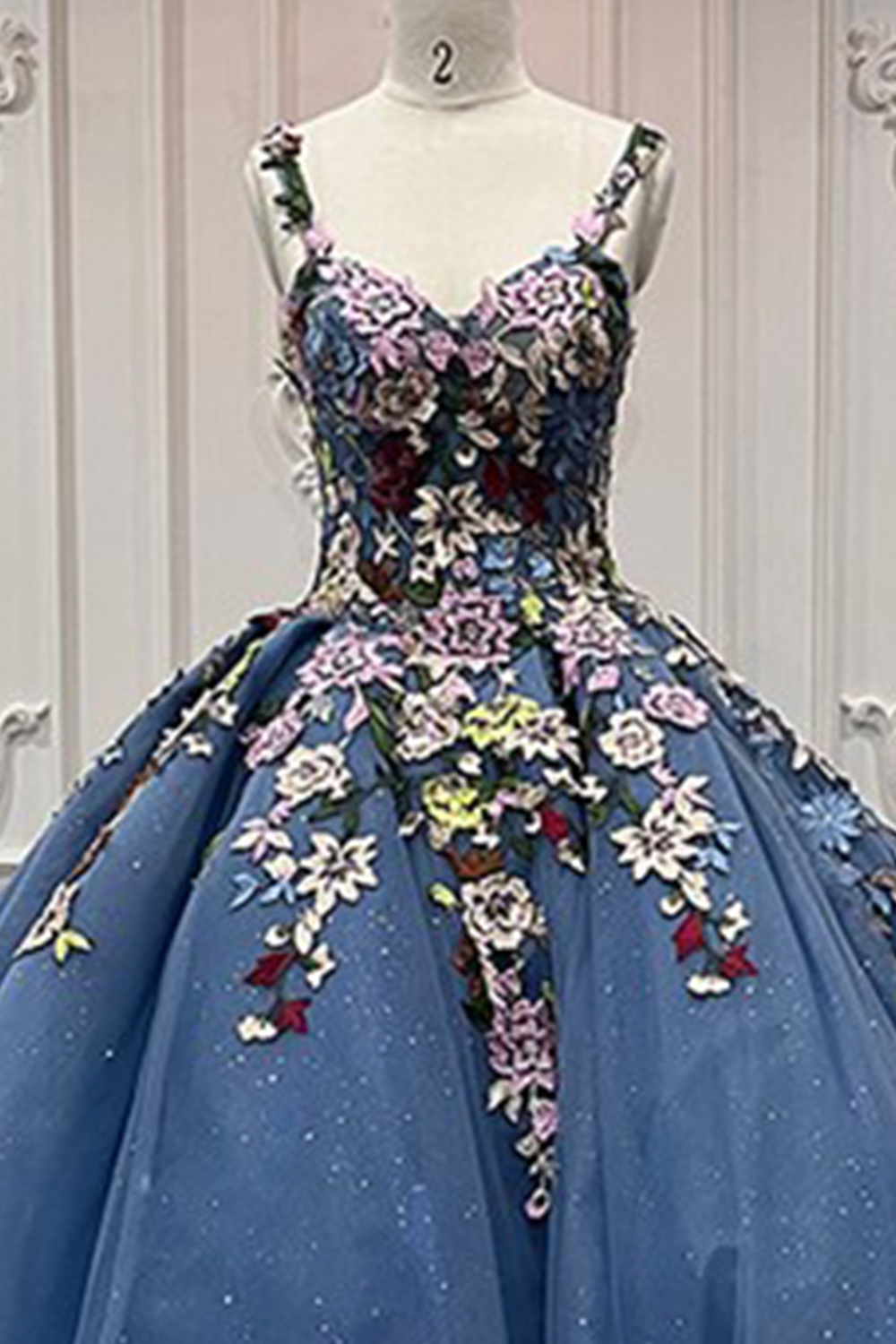 Sparkly Dark Blue Tulle Long Floral Ball Gown Quinceanera Dress