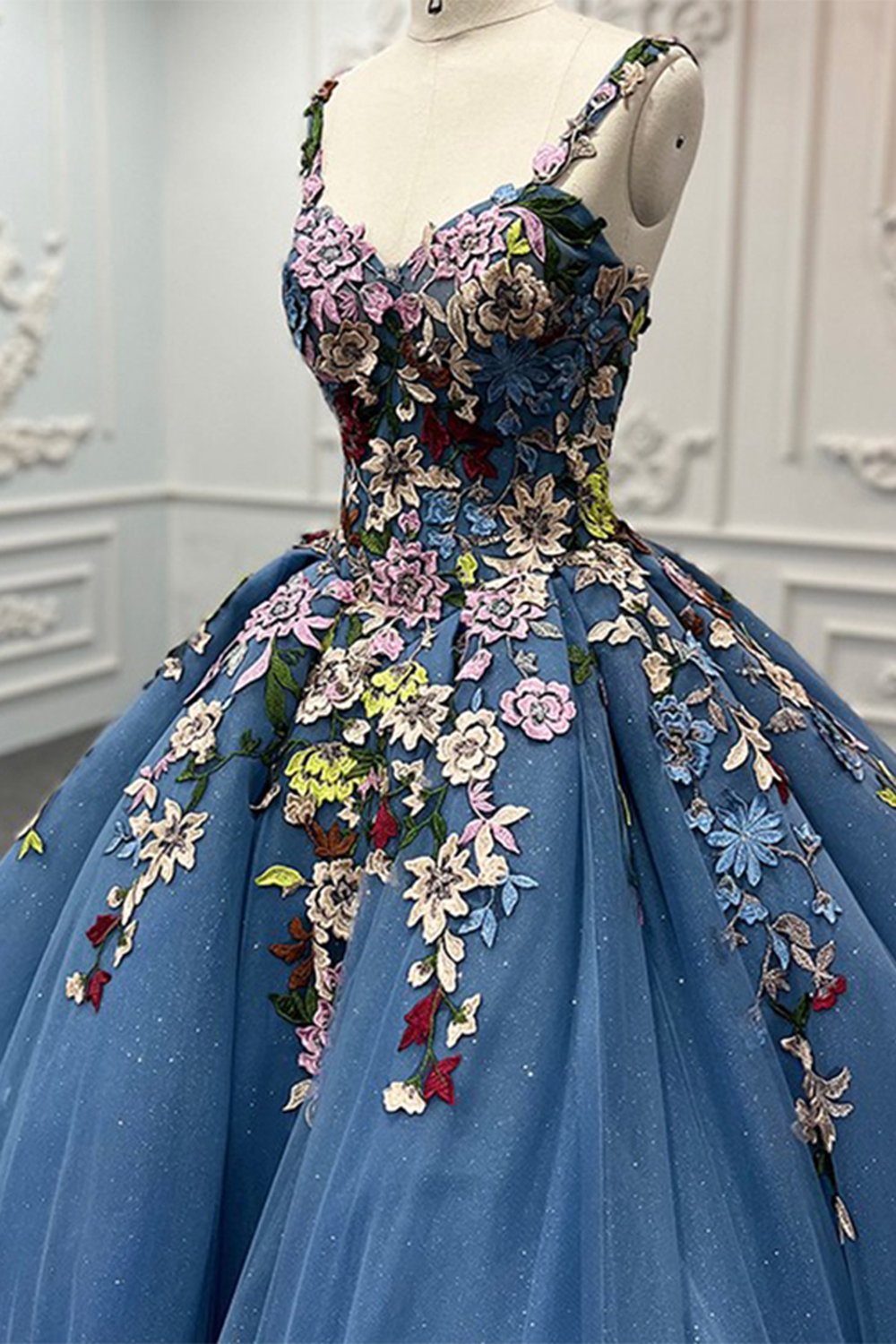 Sparkly Dark Blue Tulle Long Floral Ball Gown Quinceanera Dress