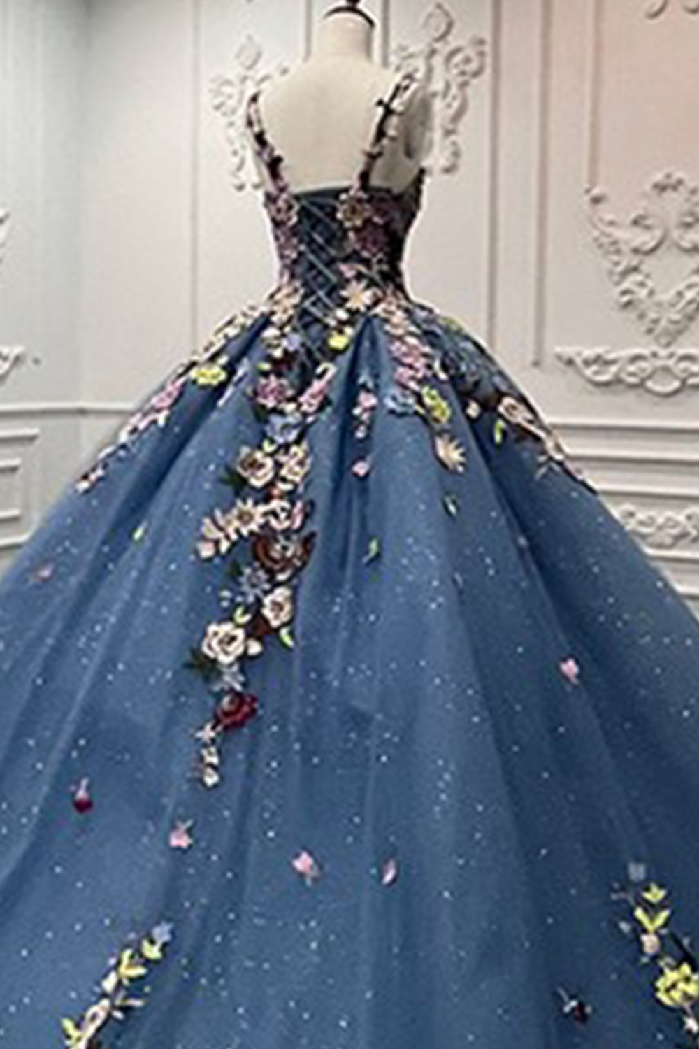 Sparkly Dark Blue Tulle Long Floral Ball Gown Quinceanera Dress