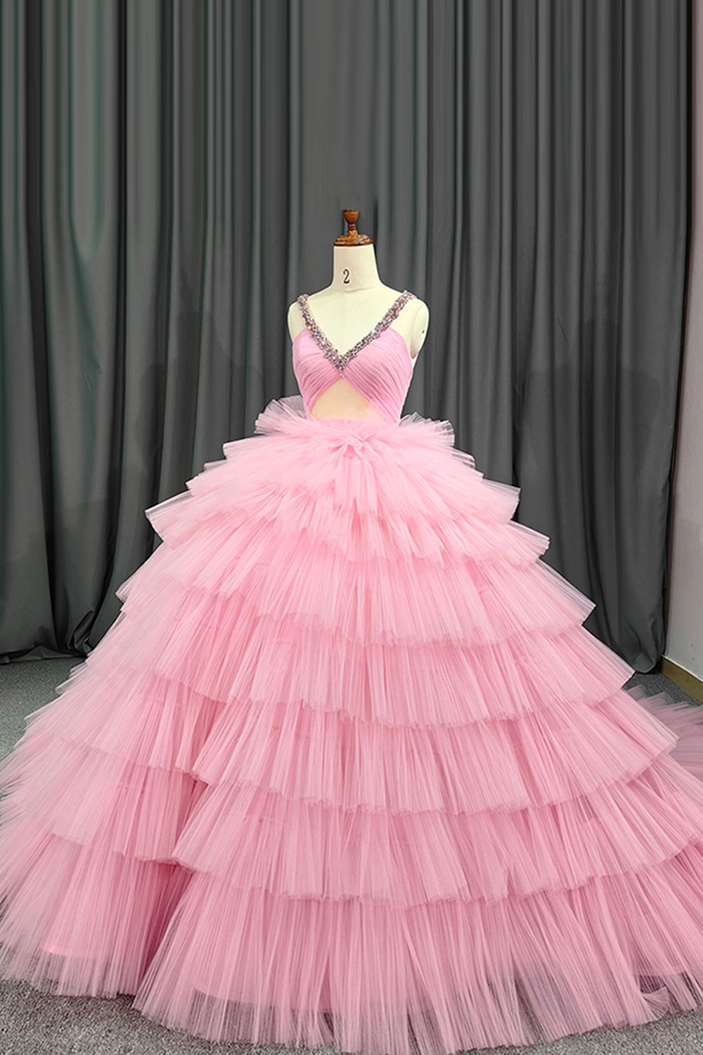 Sparkly Pink Ball Gown Keyhole Ruffled Long Quinceanera Dress with Beading