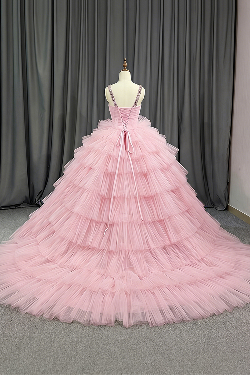 Sparkly Pink Ball Gown Keyhole Ruffled Long Quinceanera Dress with Beading