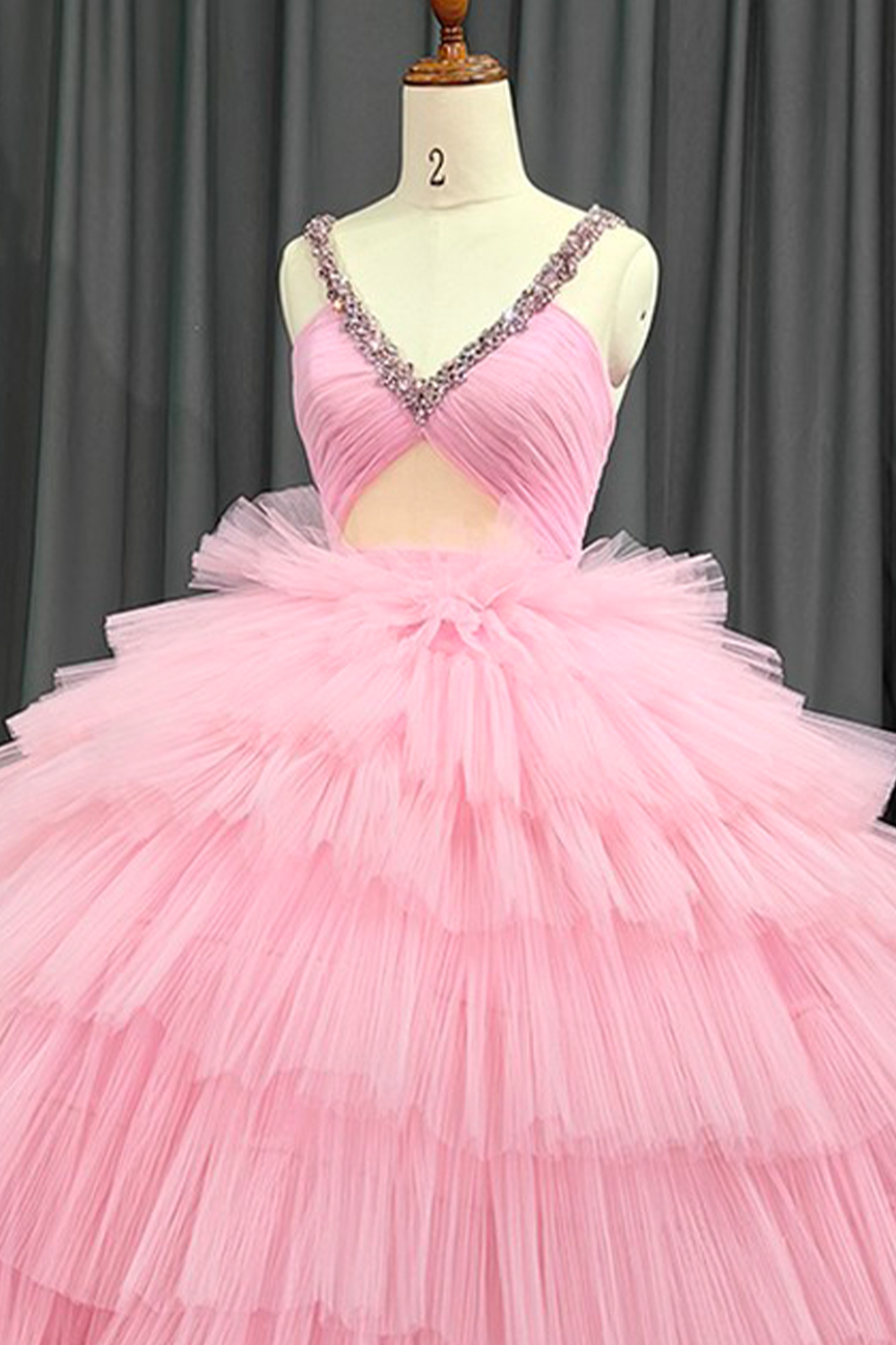 Sparkly Pink Ball Gown Keyhole Ruffled Long Quinceanera Dress with Beading