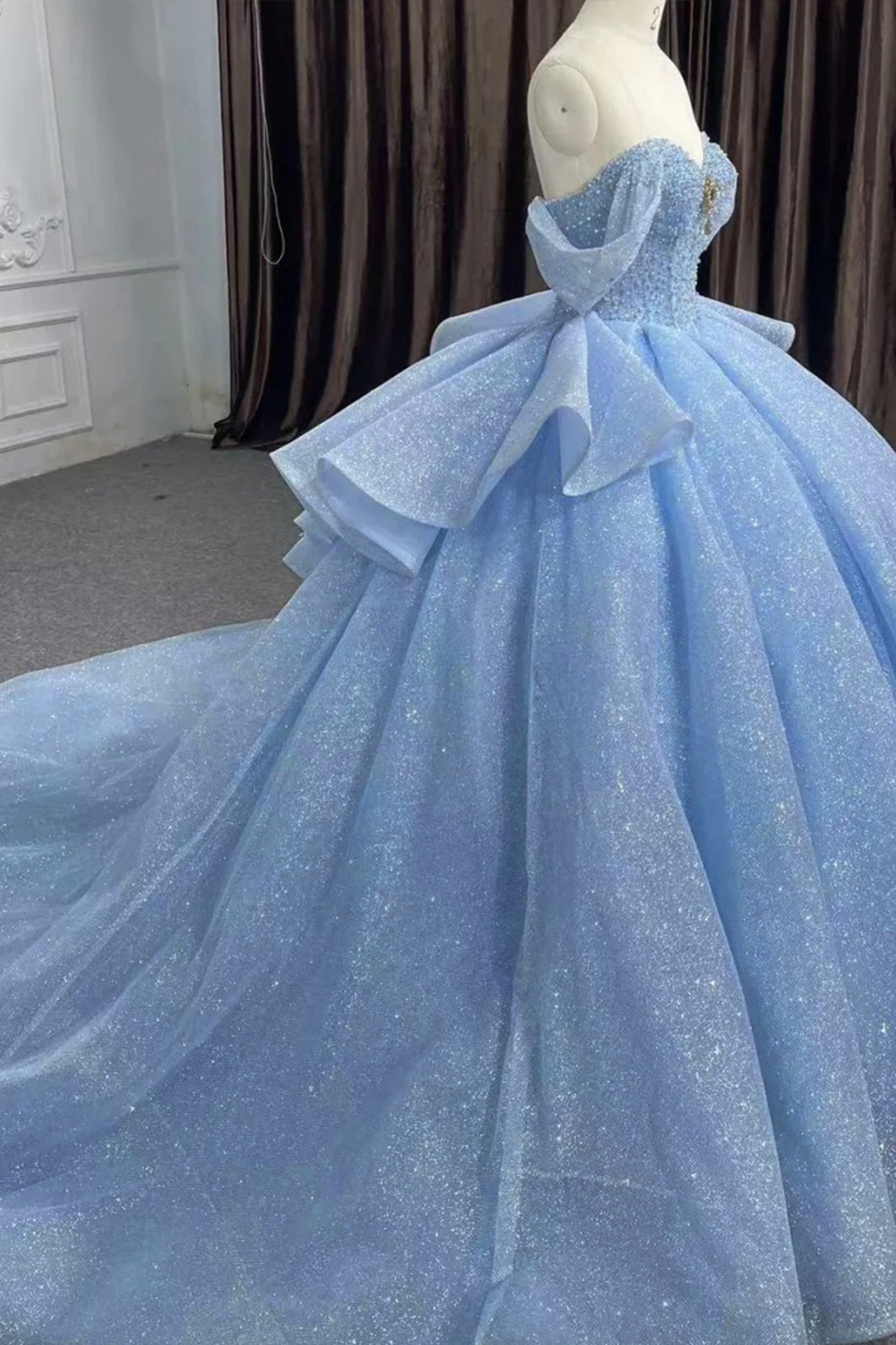 Glitter Blue Off the Shoulder Corset Long Tulle Quinceanera Dress with Ruffles