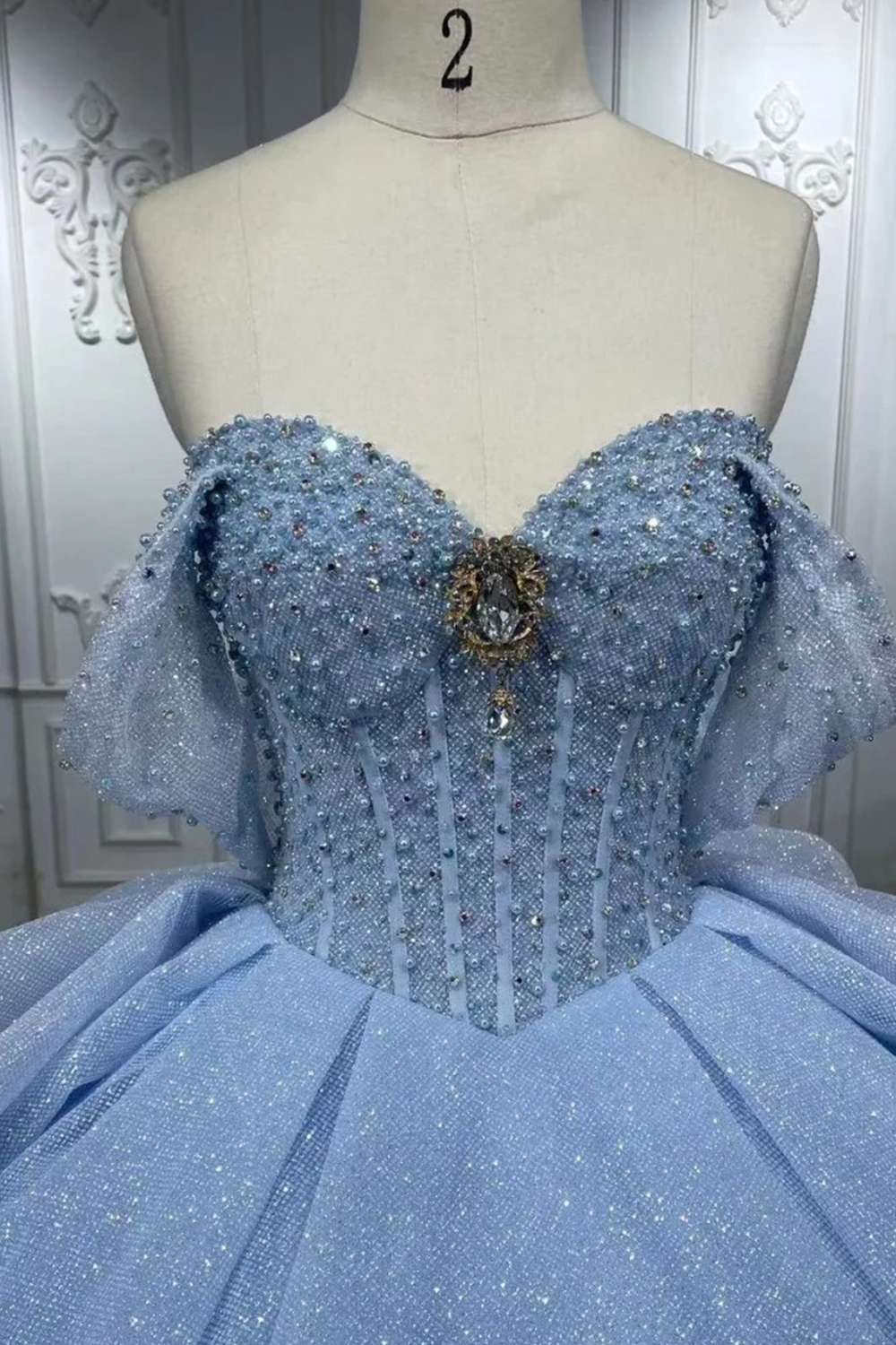 Glitter Blue Off the Shoulder Corset Long Tulle Quinceanera Dress with Ruffles