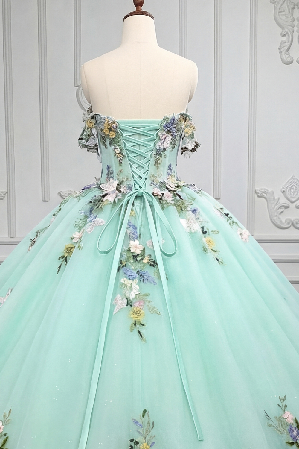 Green Tulle Off the Shoulder Corset Long Floral Ball Gown Quinceanera Dress