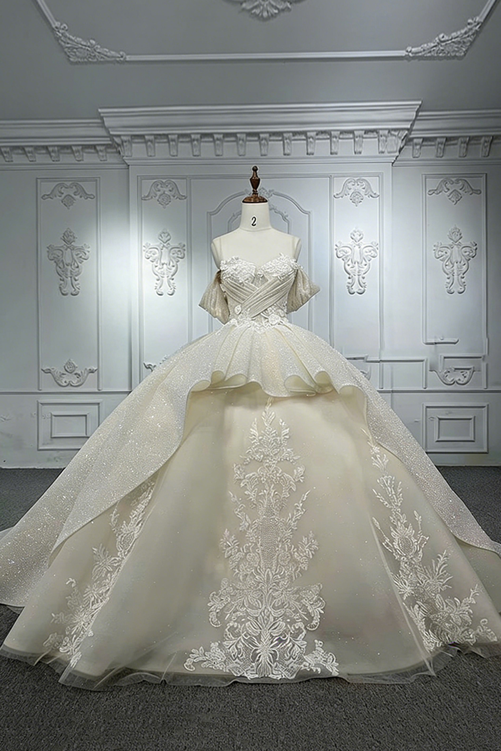 Apricot Off the Shoulder Ruffled Long Floral Ball Gown Quinceanera Dress with Appliques