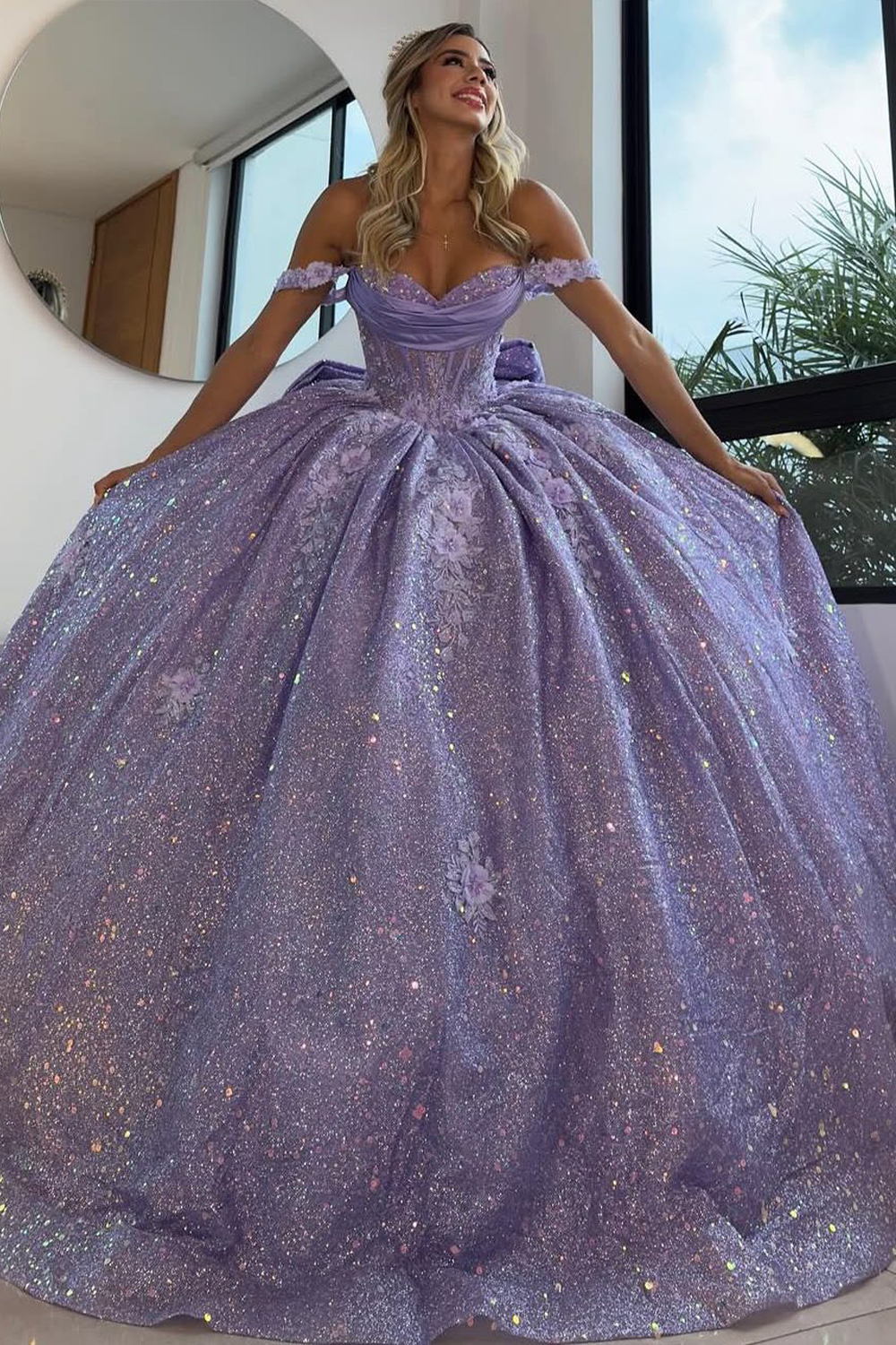 Glitter Lilac Floral Off the Shoulder Long Corset Ball Gown Quinceanera Dress with Bow
