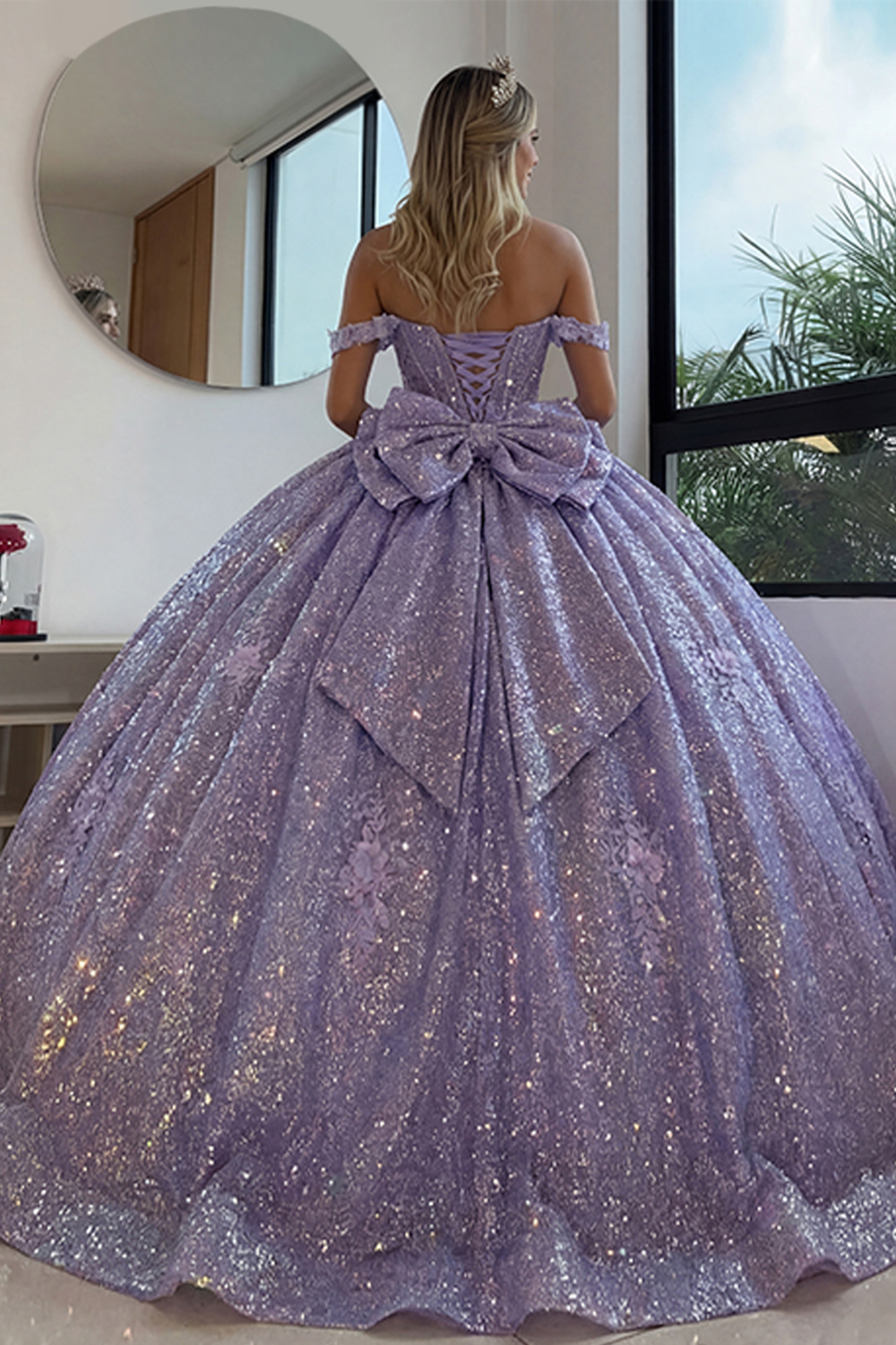 Glitter Lilac Floral Off the Shoulder Long Corset Ball Gown Quinceanera Dress with Bow