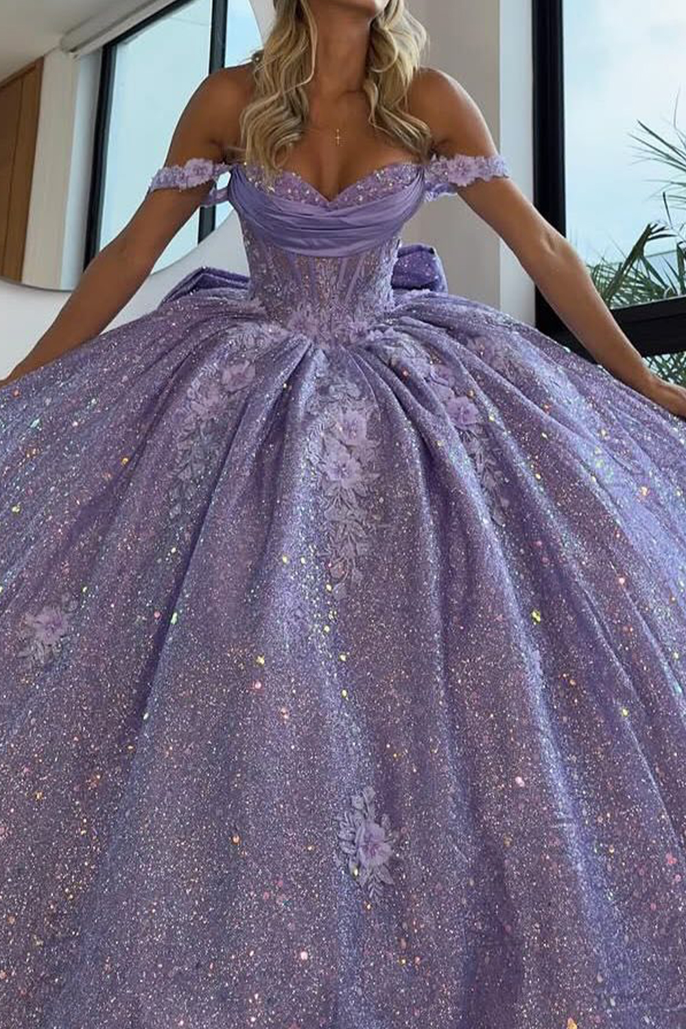 Glitter Lilac Floral Off the Shoulder Long Corset Ball Gown Quinceanera Dress with Bow
