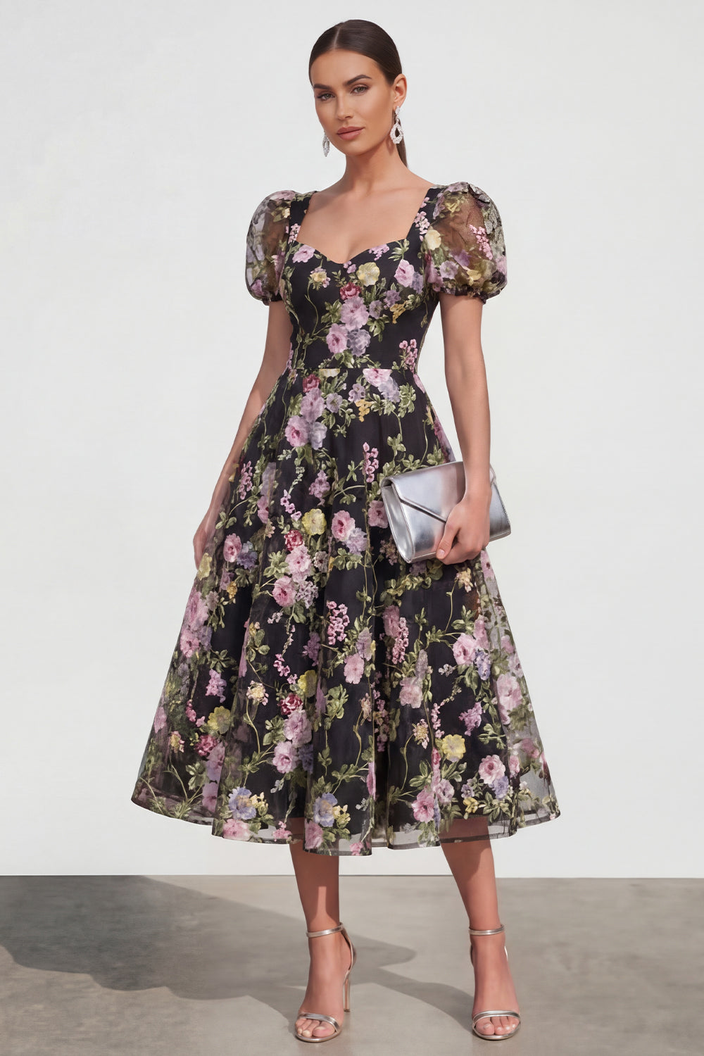 Black Pink Flower A Line Puff Sleeves Maxi Formal Dress