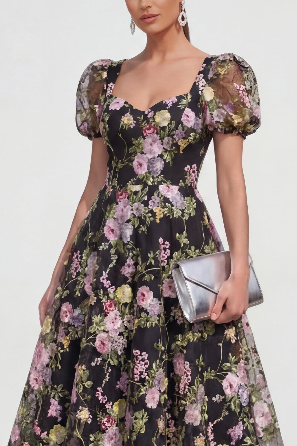 Black Pink Flower A Line Puff Sleeves Maxi Formal Dress