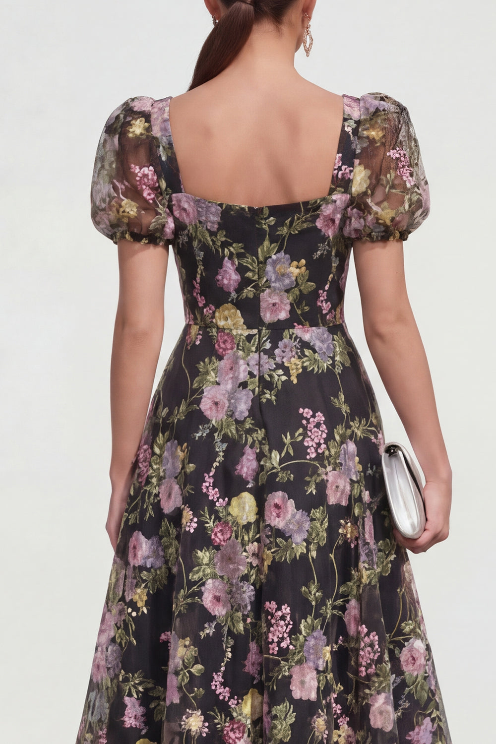 Black Pink Flower A Line Puff Sleeves Maxi Formal Dress