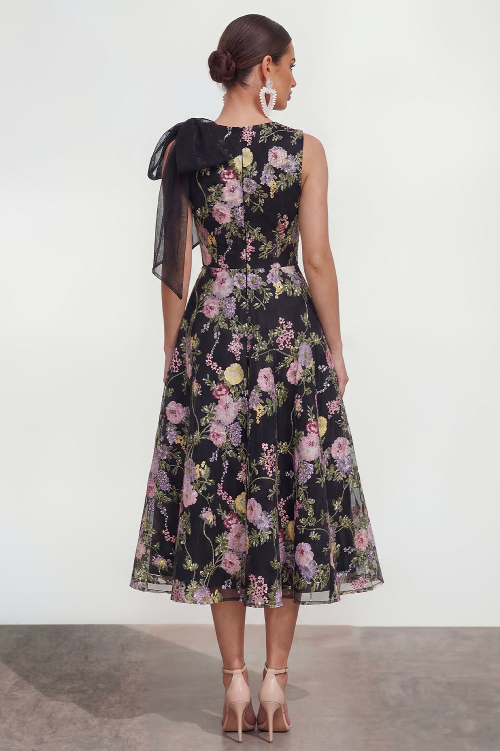 Black Pink Flower A Line Maxi Formal Dress with Pockets