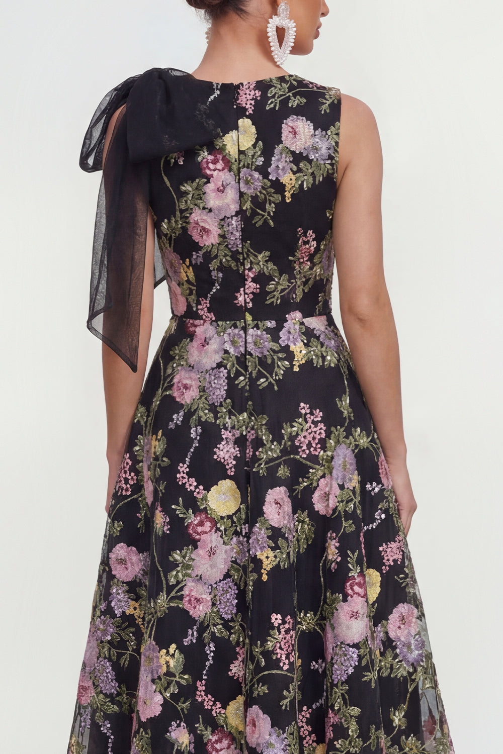 Black Pink Flower A Line Maxi Formal Dress with Pockets