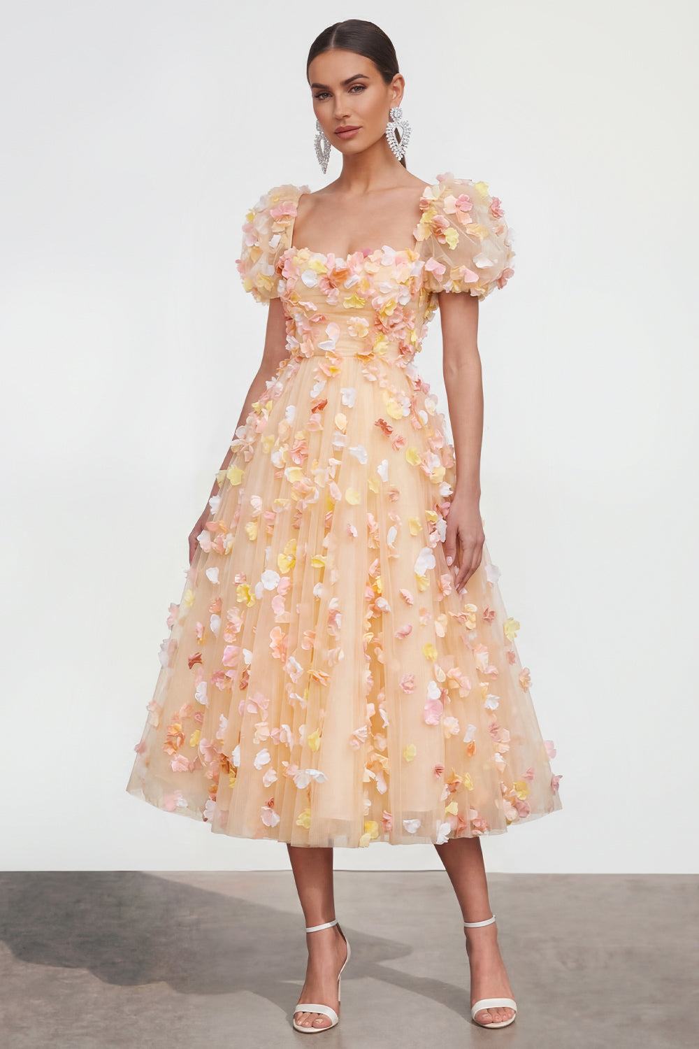 Champagne Floral Puff Sleeves A Line Maxi Formal Dress