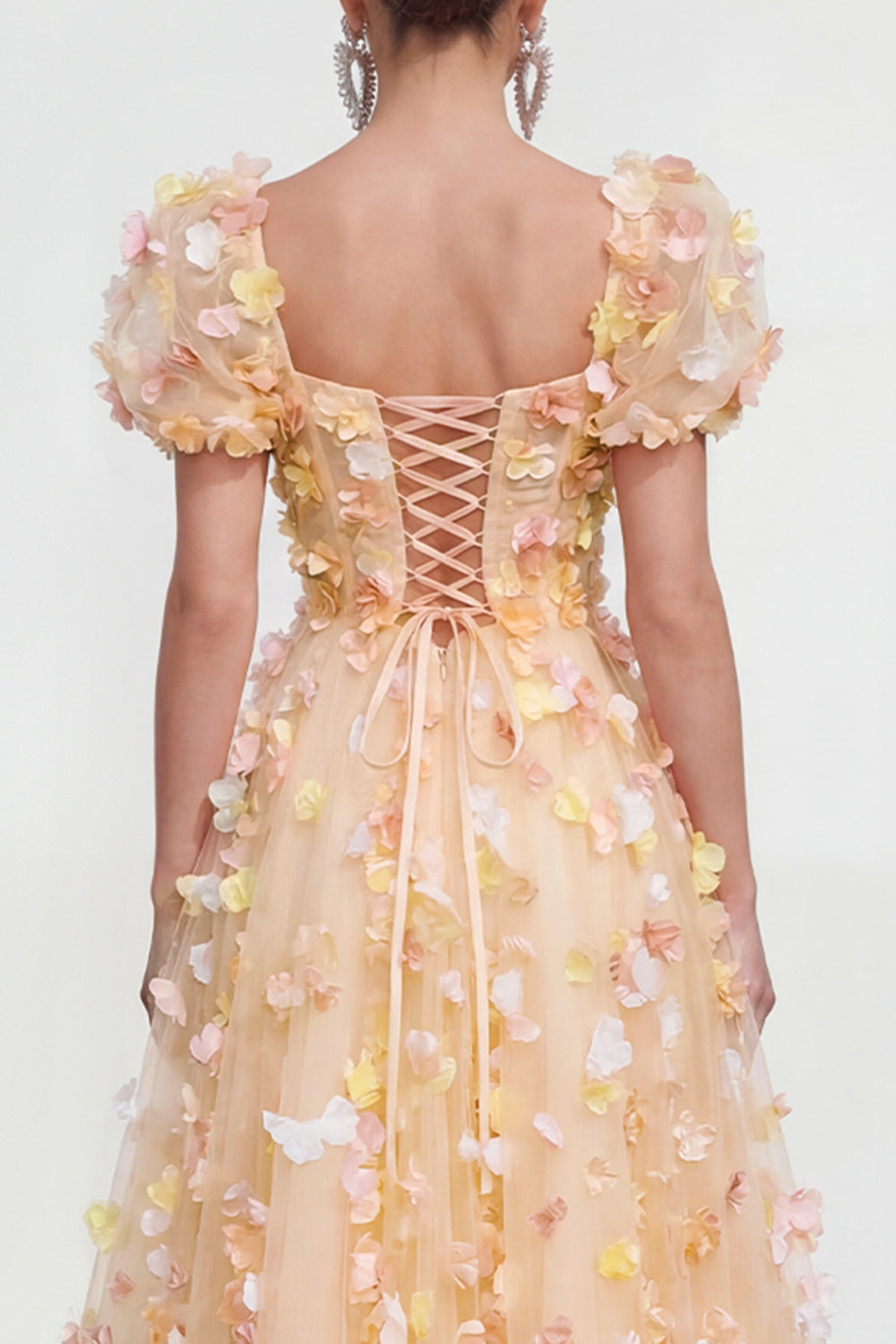 Champagne Floral Puff Sleeves A Line Maxi Formal Dress