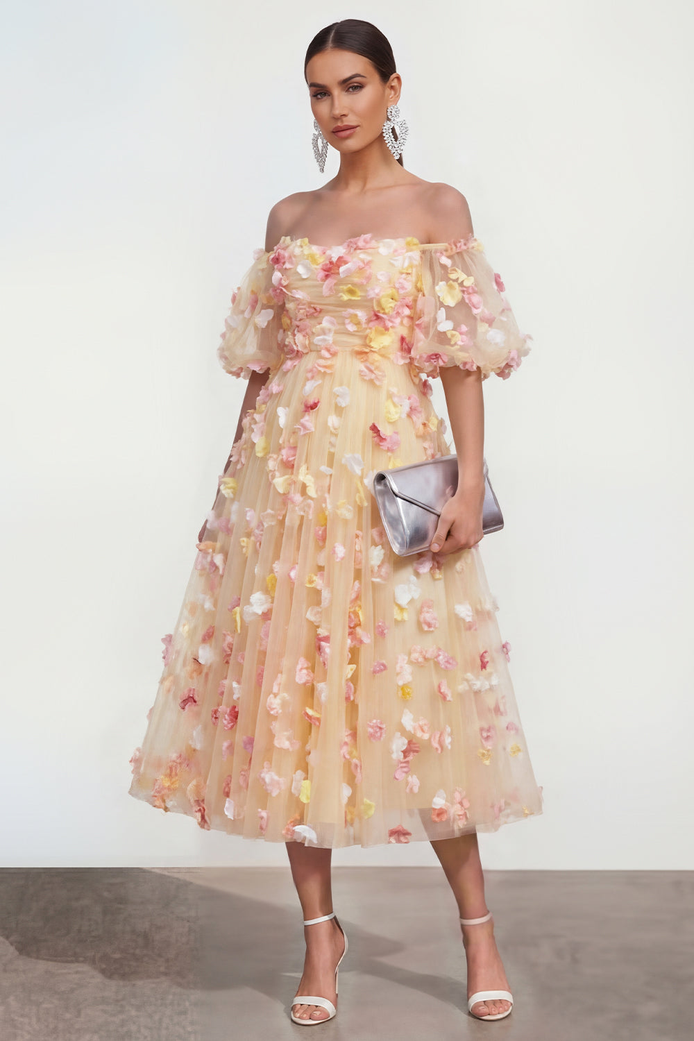 Off the Shoulder Champagne Floral A Line Maxi Formal Dress