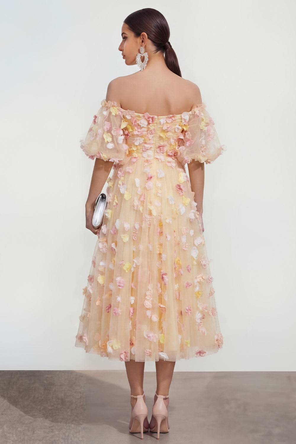 Off the Shoulder Champagne Floral A Line Maxi Formal Dress