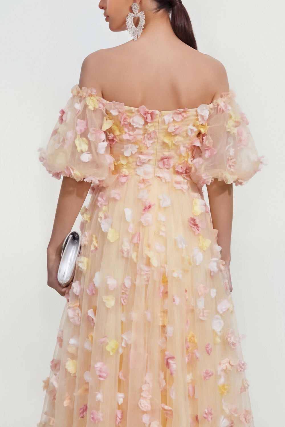 Off the Shoulder Champagne Floral A Line Maxi Formal Dress