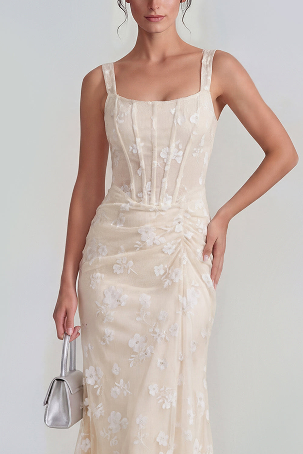 Blue Corset Mermaid Ruched Thick Straps Maxi Formal Dress