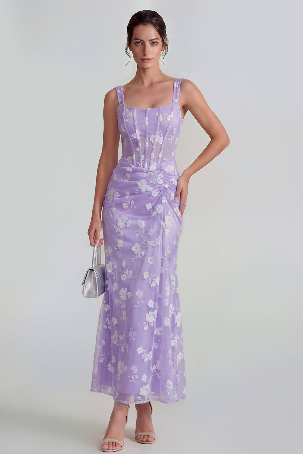 Blue Corset Mermaid Ruched Thick Straps Maxi Formal Dress