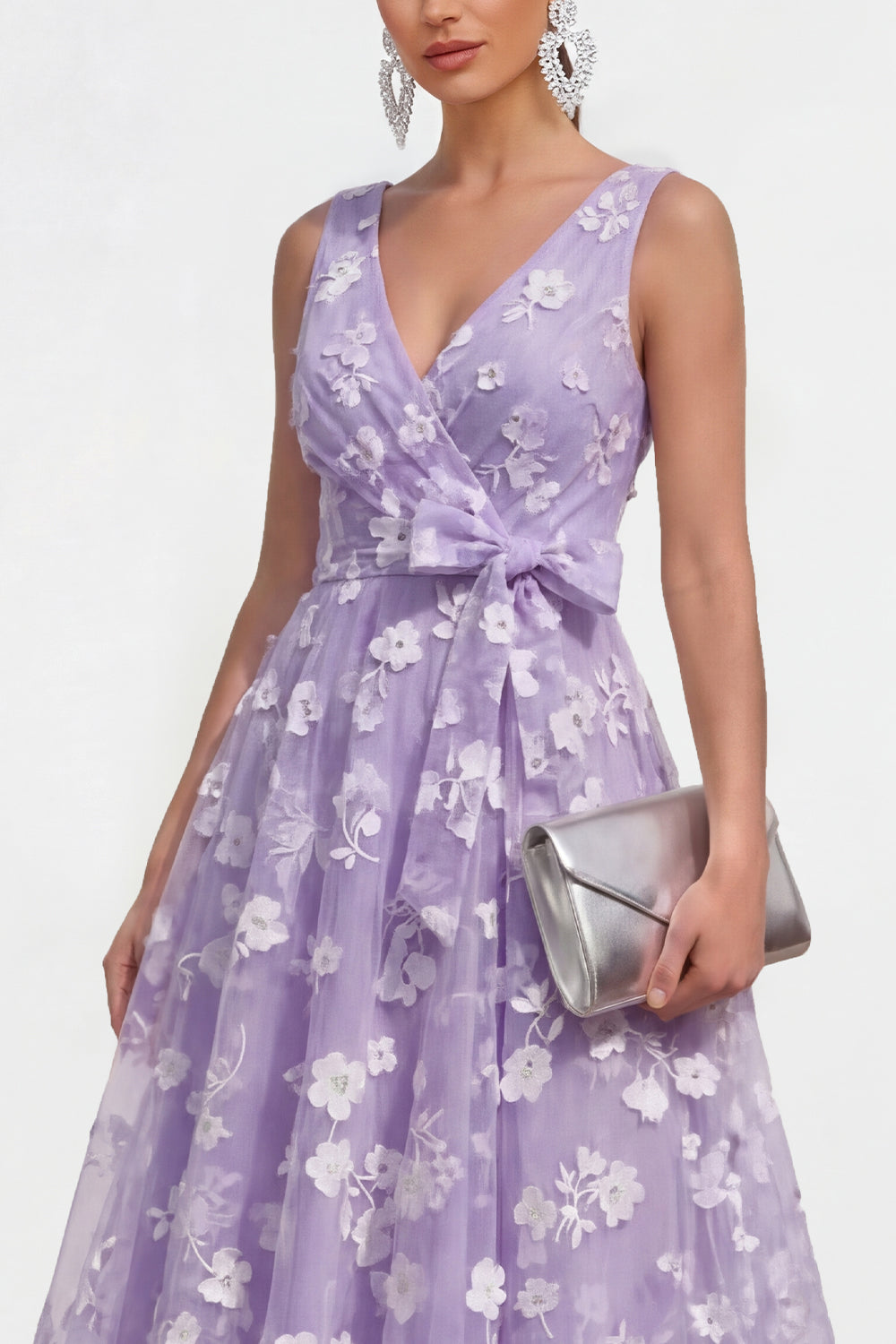 Lilac A Line V-Neck Floral Ruched Maxi Formal Dress with Bow