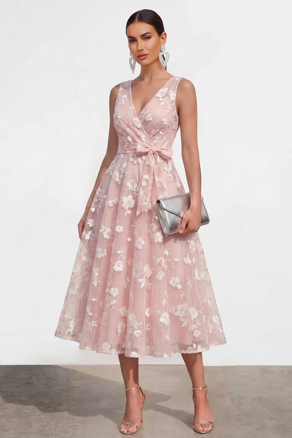 Lilac A Line V-Neck Floral Ruched Maxi Formal Dress with Bow