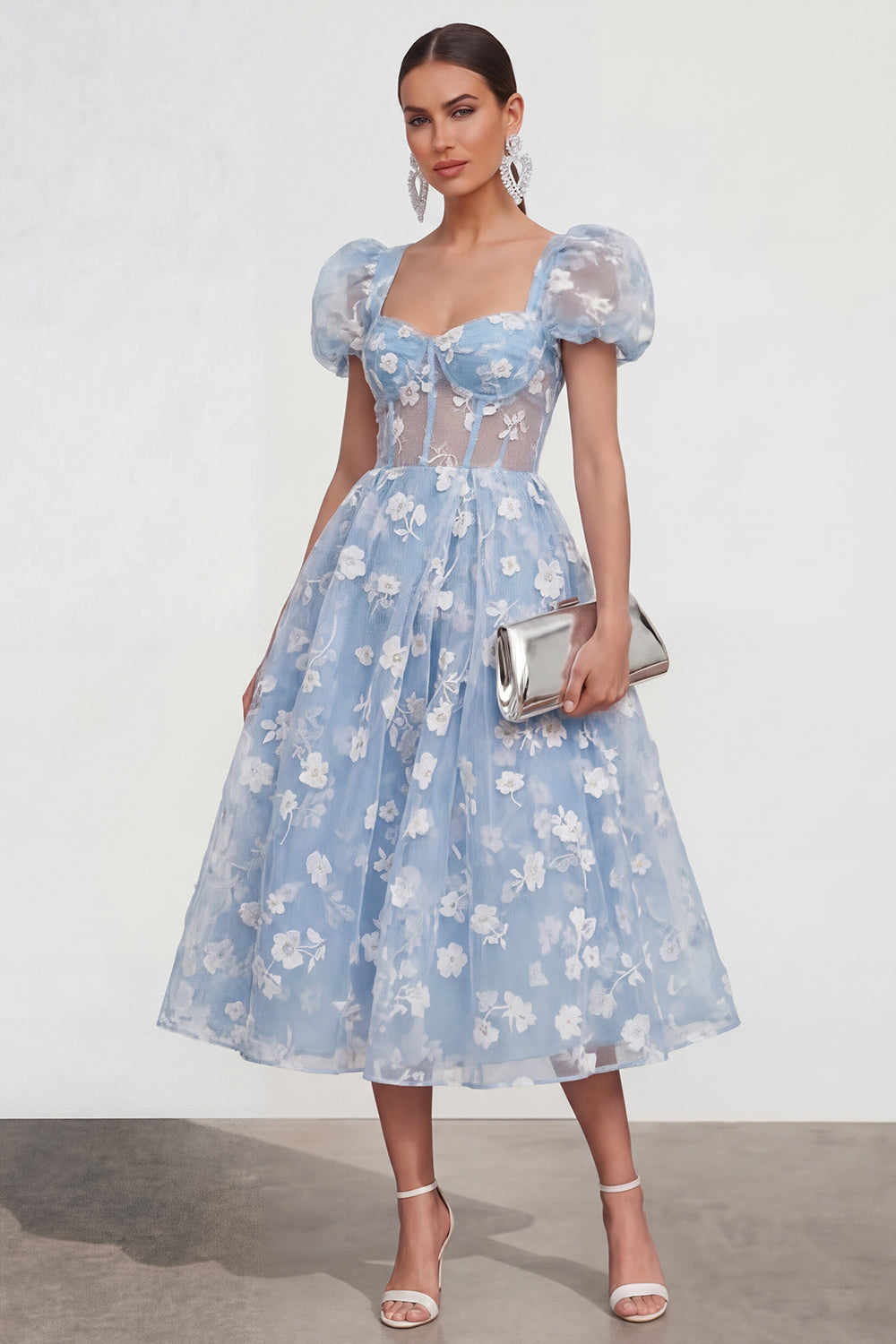 Apricot Corset Floral Puff Sleeves A Line Maxi Formal Dress
