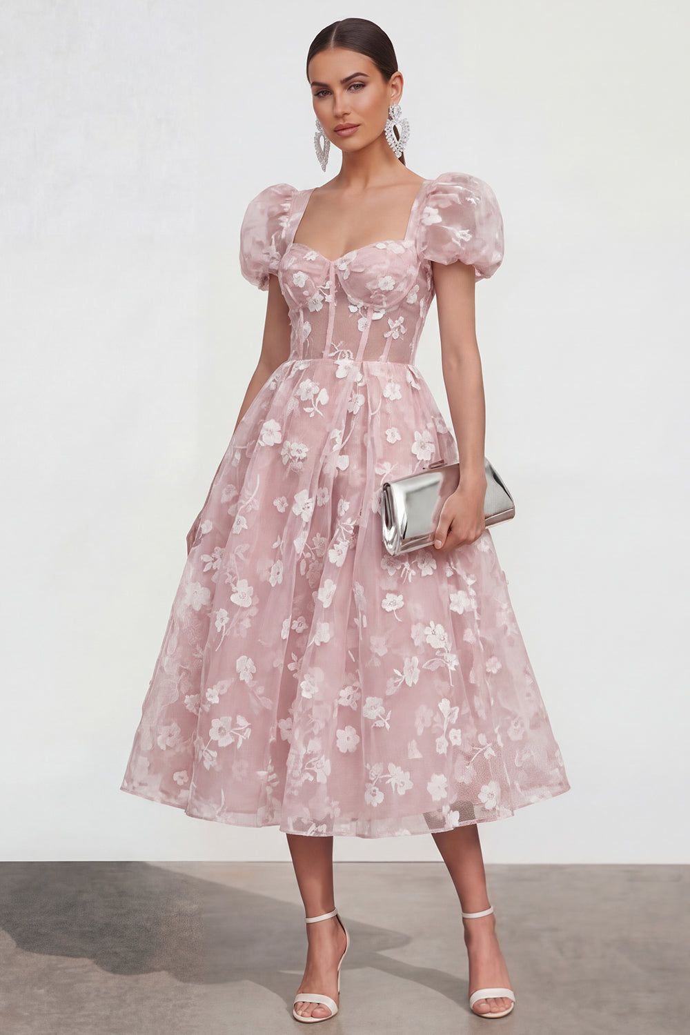 Apricot Corset Floral Puff Sleeves A Line Maxi Formal Dress