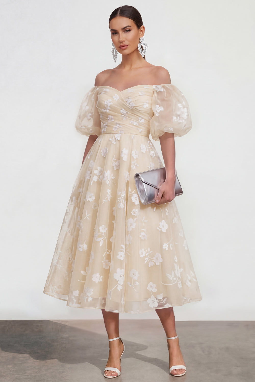 Puff Sleeves Lilac A Line Floral Ruched Maxi Formal Dress