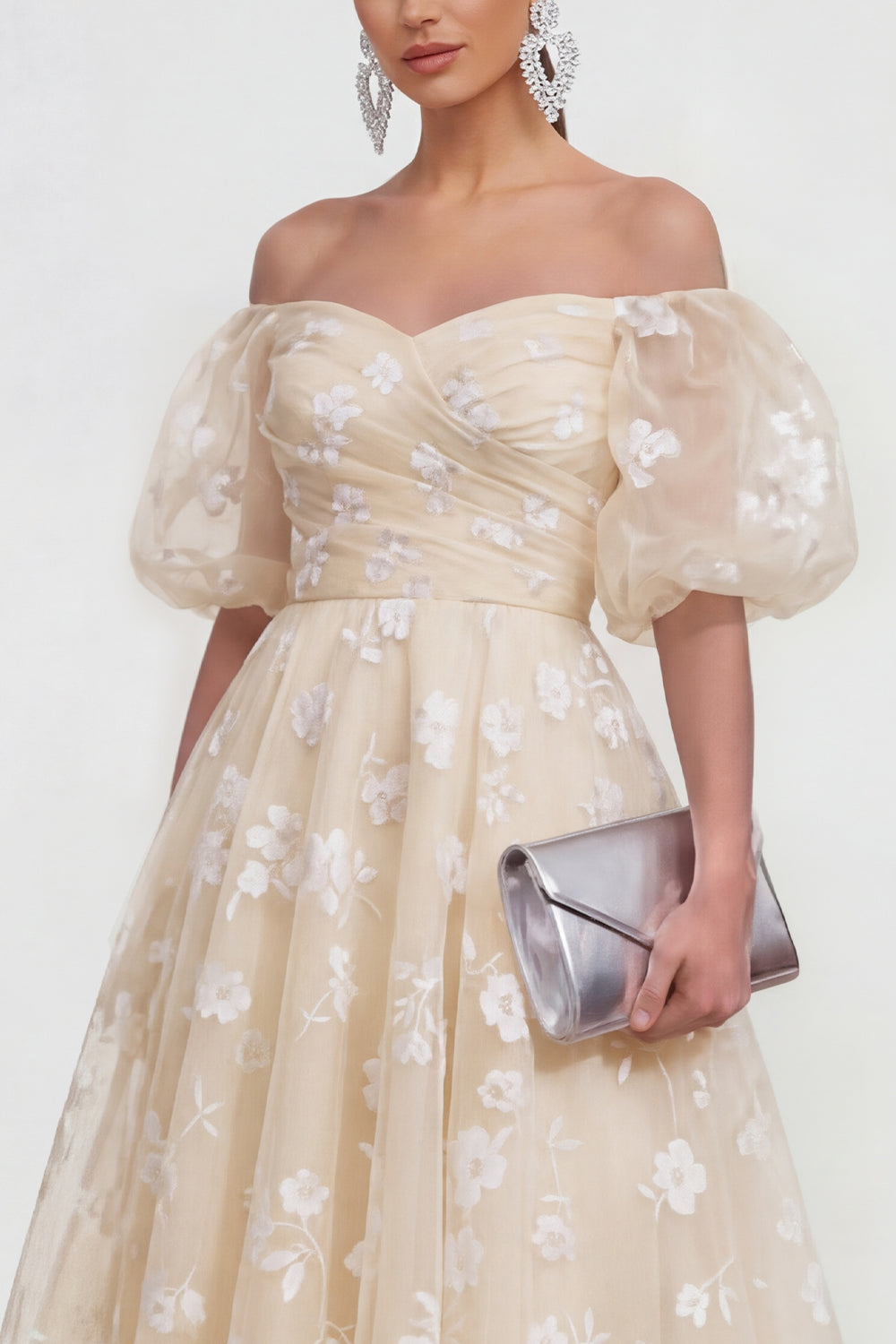 Puff Sleeves Lilac A Line Floral Ruched Maxi Formal Dress