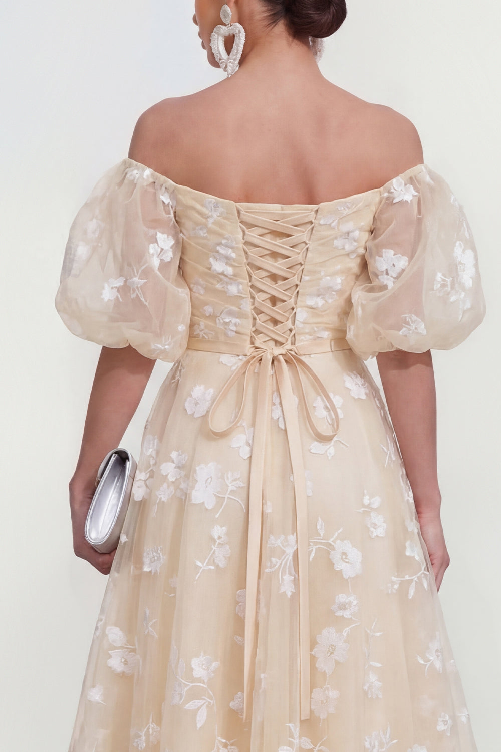 Puff Sleeves Lilac A Line Floral Ruched Maxi Formal Dress